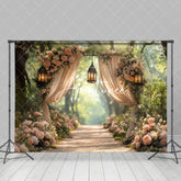 Aperturee - Aperturee Romantic Pink Floral Arch Curtain Wedding Backdrop
